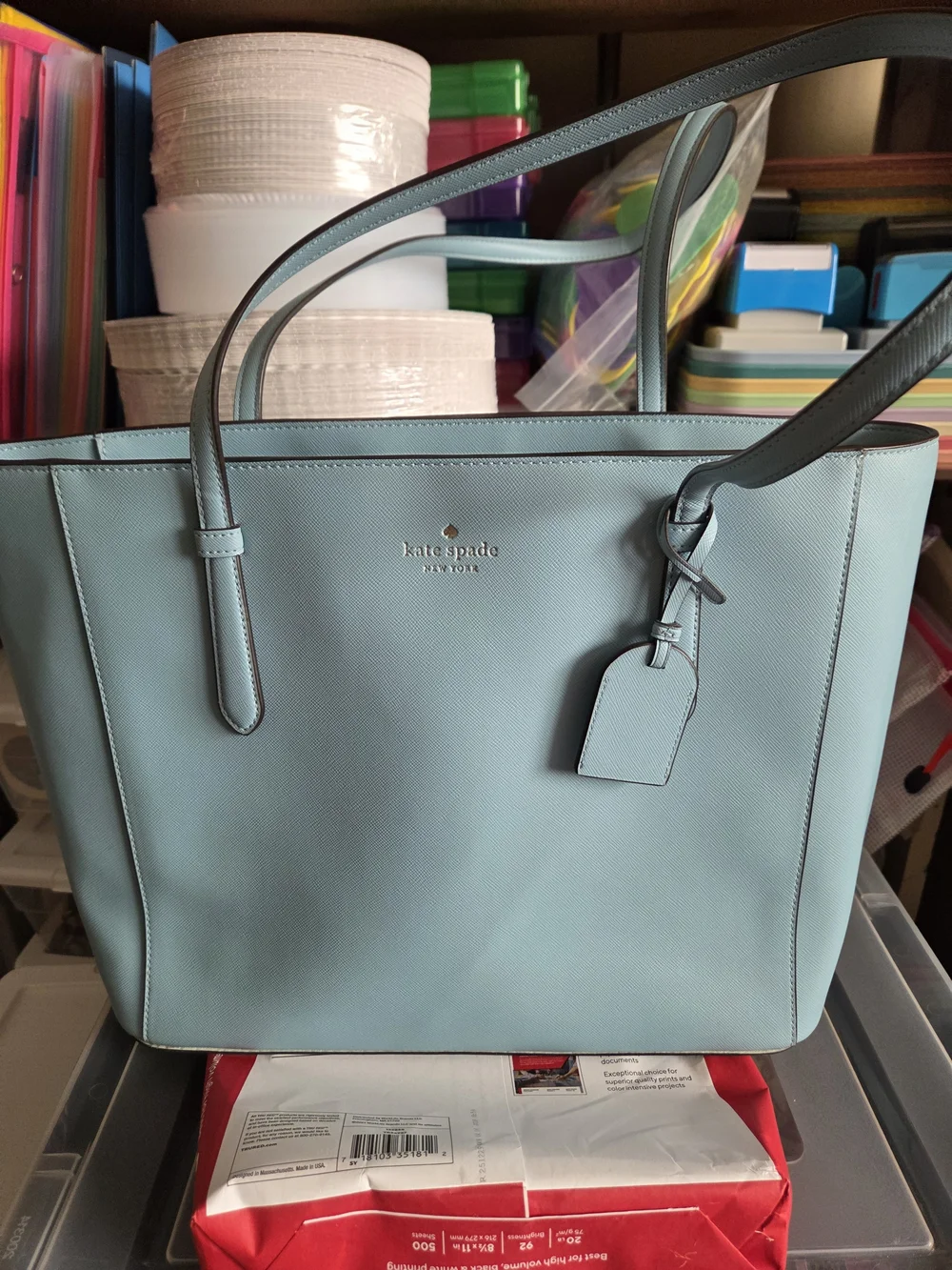 kate spade light blue leather tote with luggage tag